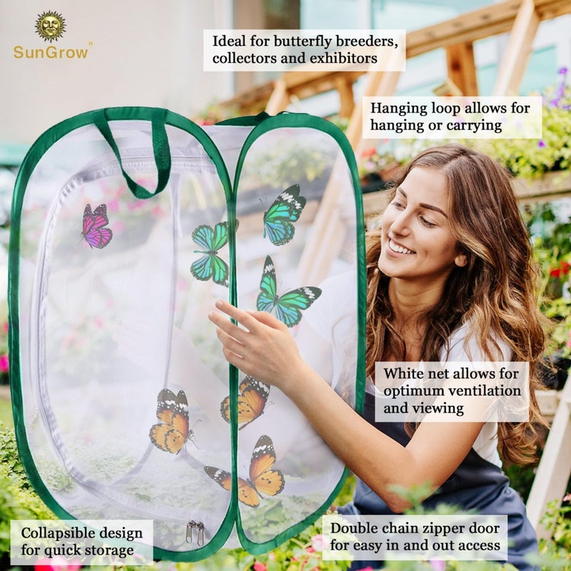 SunGrow Foldable Butterfly Habitat, 24" Butterfly Cage for Caterpillars, Create Farm, Enclosure for Breeding Soldier Fly, Ladybug, Dragonfly, or Housefly for Chicken and Reptile Feed, Green - Image 3